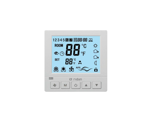 Электронный термостат Ридан Greencon-R 230V, 3 скорости вентилятора, RS485 Modbus, встраиваемый Электронный термостат Ридан Greencon-R 230V, 3 скорости вентилятора, RS485 Modbus, встраиваемый